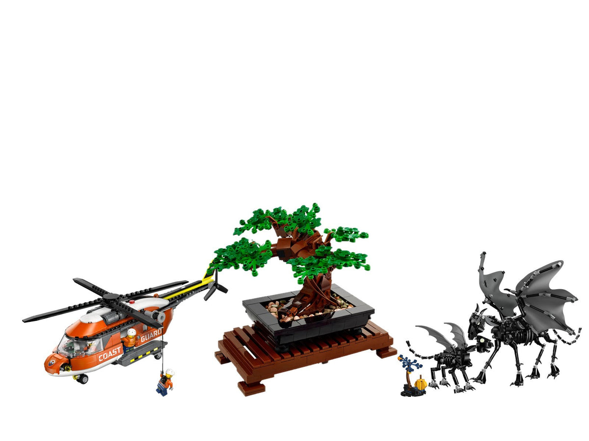 LEGO City Coast Guard Helicopter, Botanicals Bonsai Tree and Harry Potter Thestral Family sets on white