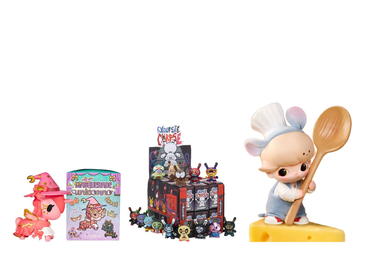 tokidoki Unicorno, Kidrobot Exquisite Corpse Dunny display and POP MART DIMOO blind box figures on white