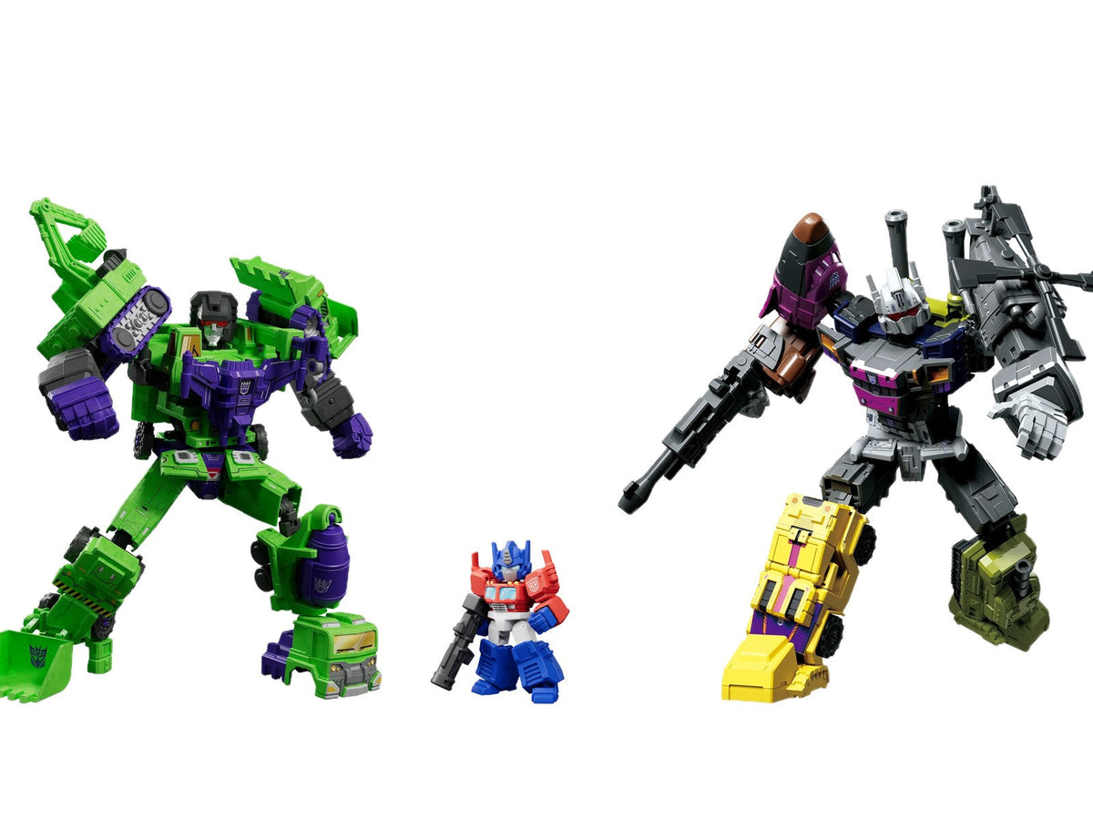 Blokees Defender Version Devastator and Bruticus combiners next to a single Defender Version Optimus Prime kit on white