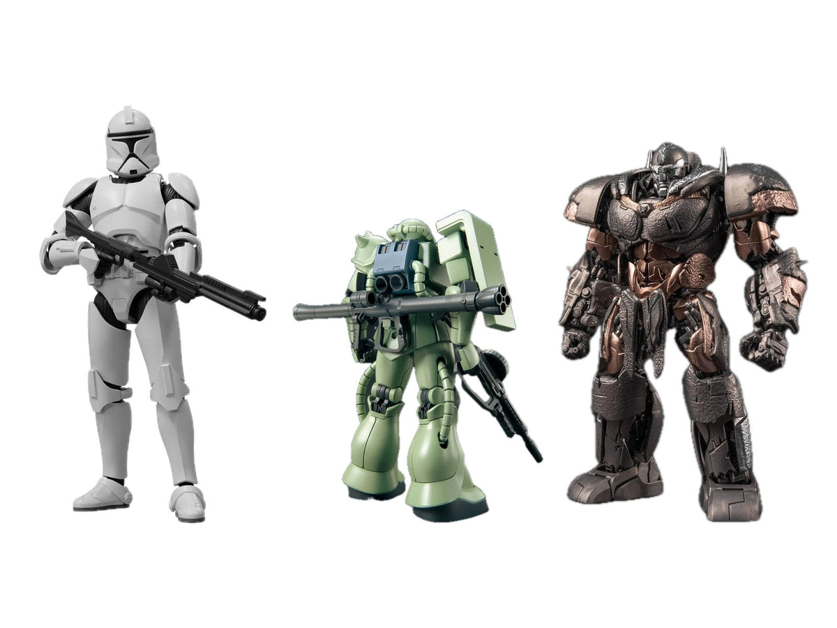 Blokees Clone Trooper, Bandai HG Zaku II and Yolopark AMK Rhinox model kits on white