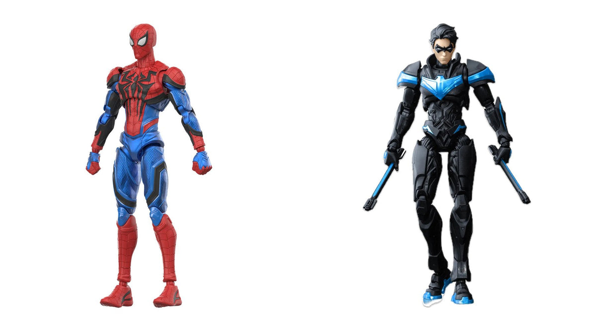 Blokees Marvel Rivals Spider-Man and DC Nightwing character model kits, built