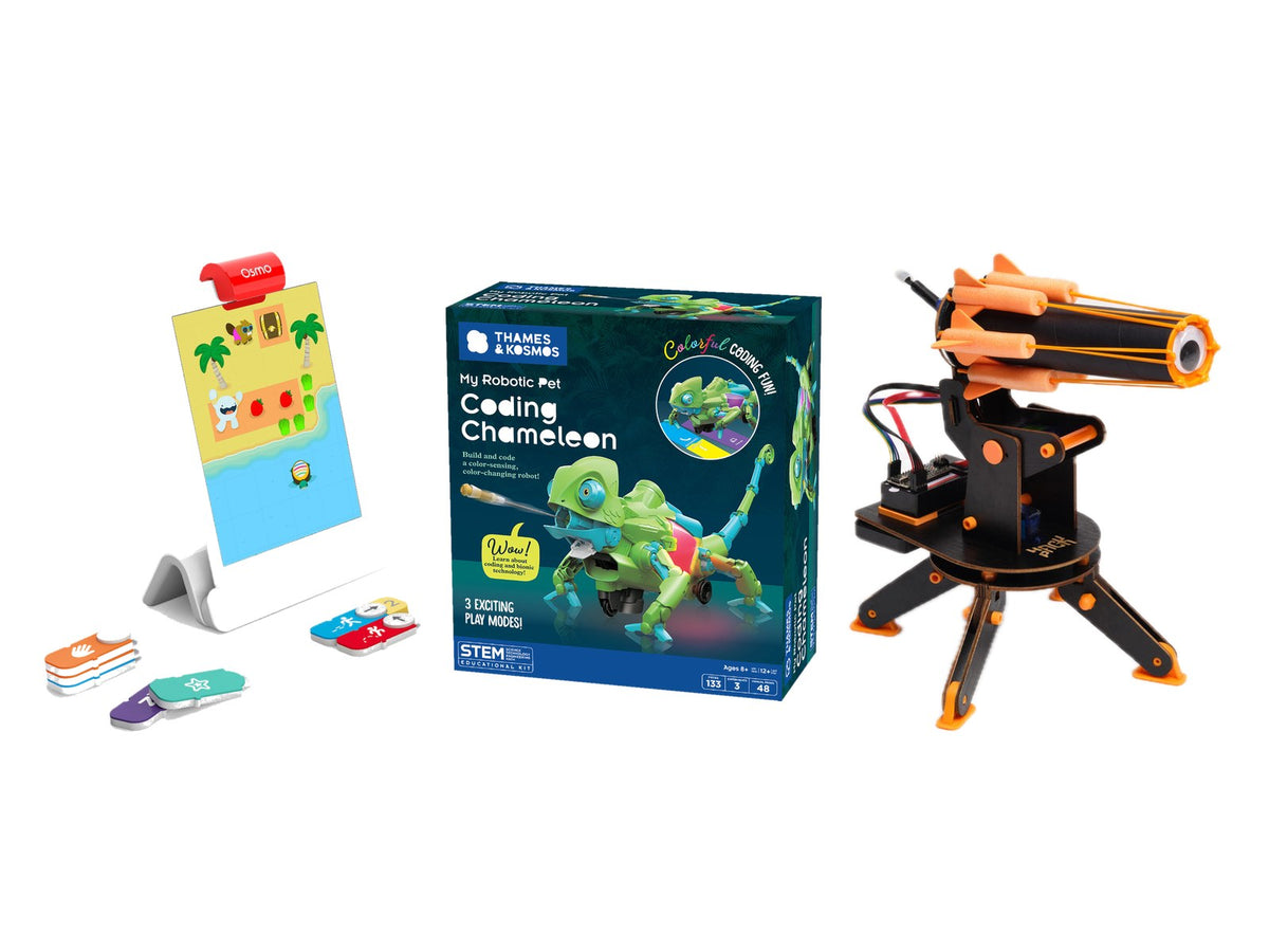 iPad coding kit, a coding robot chameleon kit, and an Arduino robot on white