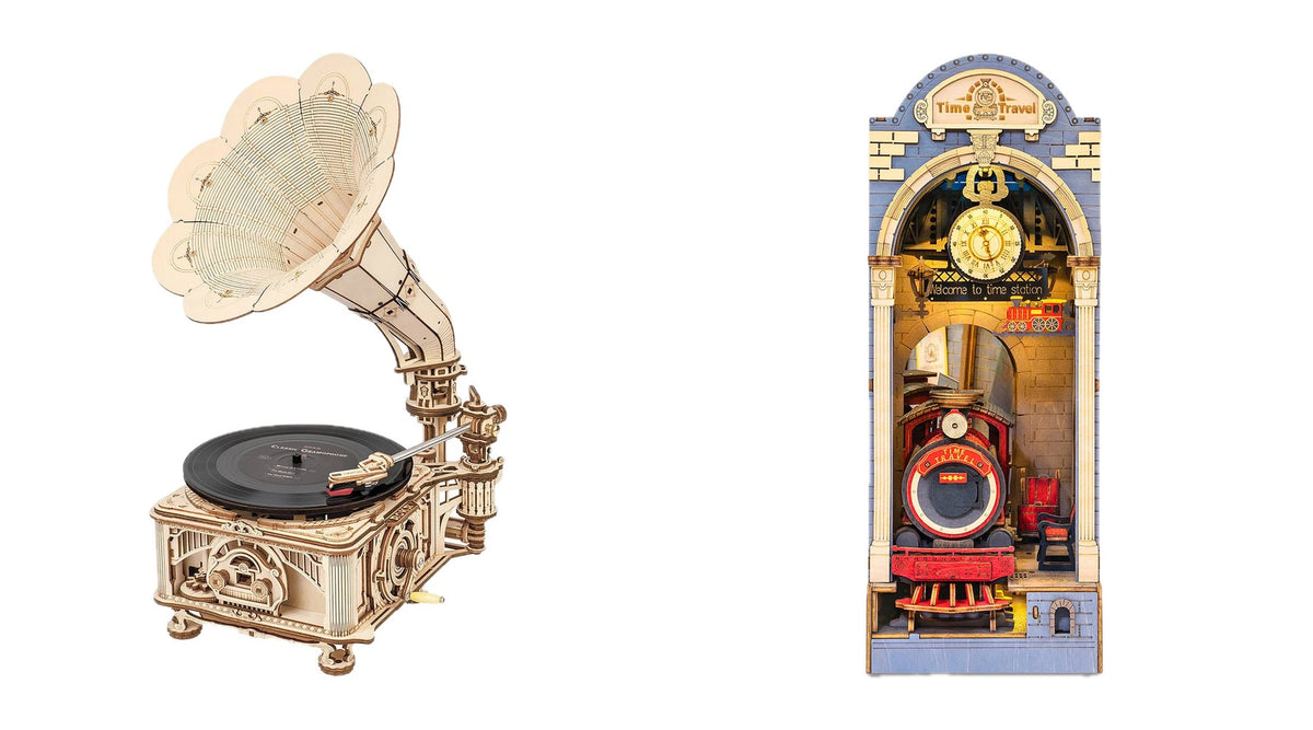 ROKR Classic Gramophone and Rolife Time Travel book nook display models