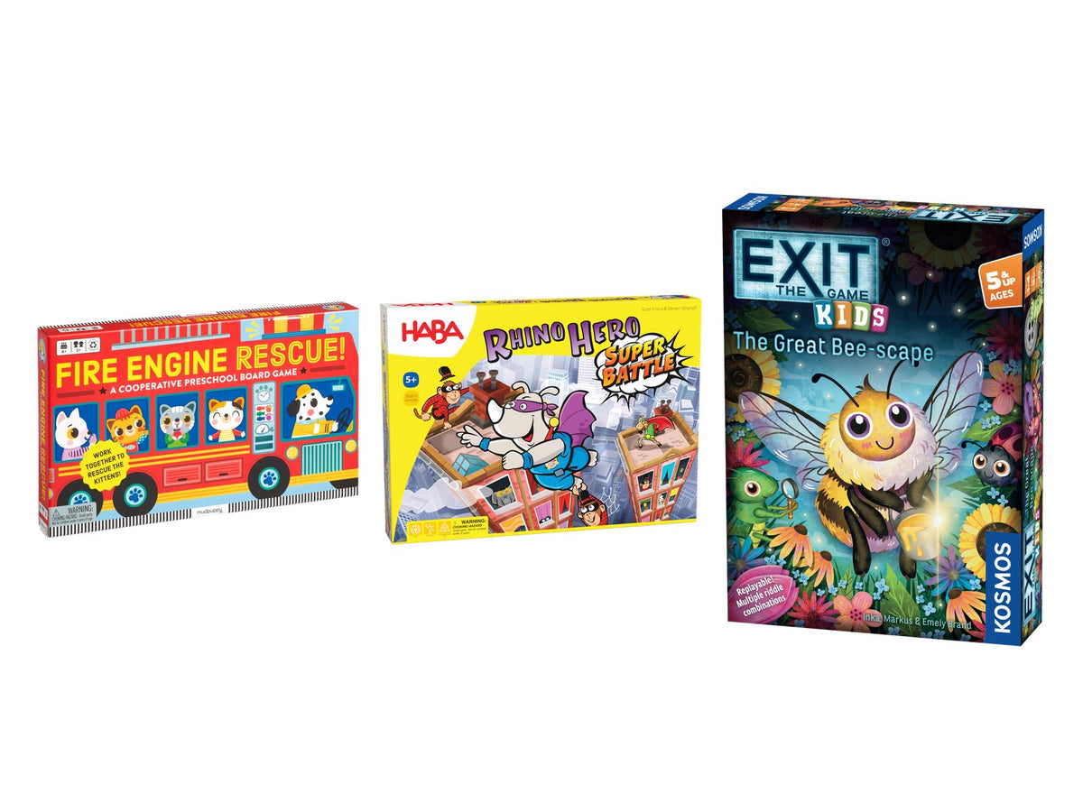 Fire Engine Rescue!, Rhino Hero Super Battle, and EXIT Kids game boxes on white
