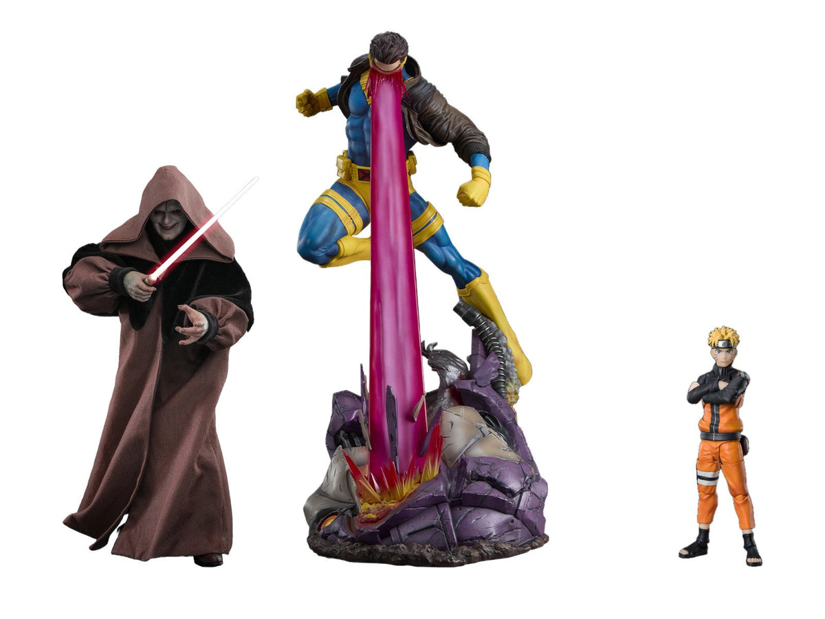 Hot Toys Darth Sidious sixth scale figure, Sideshow Cyclops Premium Format statue and S.H.Figuarts Naruto side by side on white