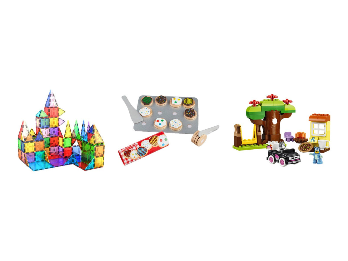 PicassoTiles magnetic tile castle, Melissa & Doug wooden cookie set and LEGO DUPLO Bluey Pizza Girls set on white