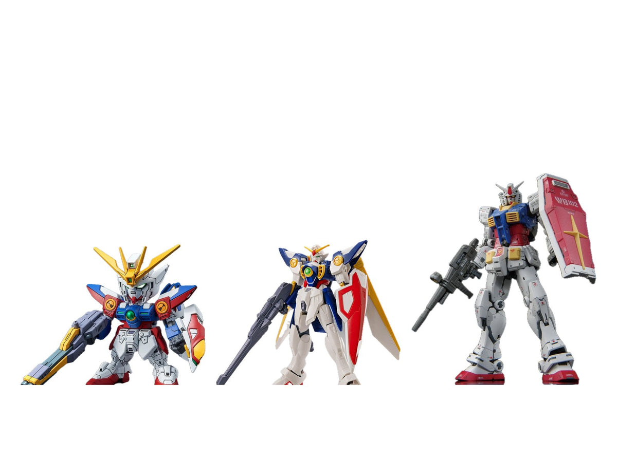 Bandai SD Wing Gundam Zero, Entry Grade Wing Gundam and Real Grade RX-78-2 Gundam on white