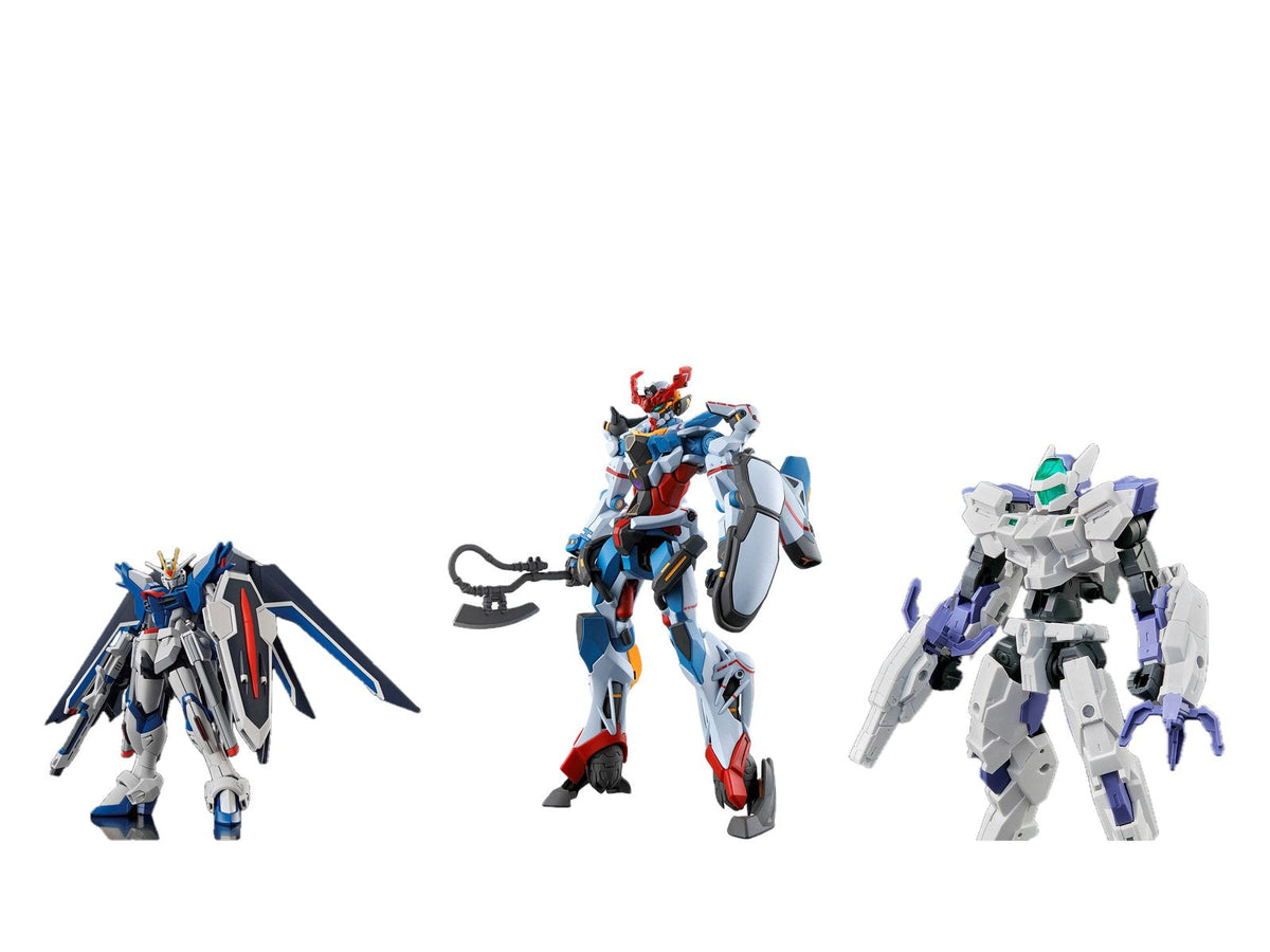 Bandai HG Rising Freedom Gundam, HG GQuuuuuuX and 30MM Iglight built kits on white