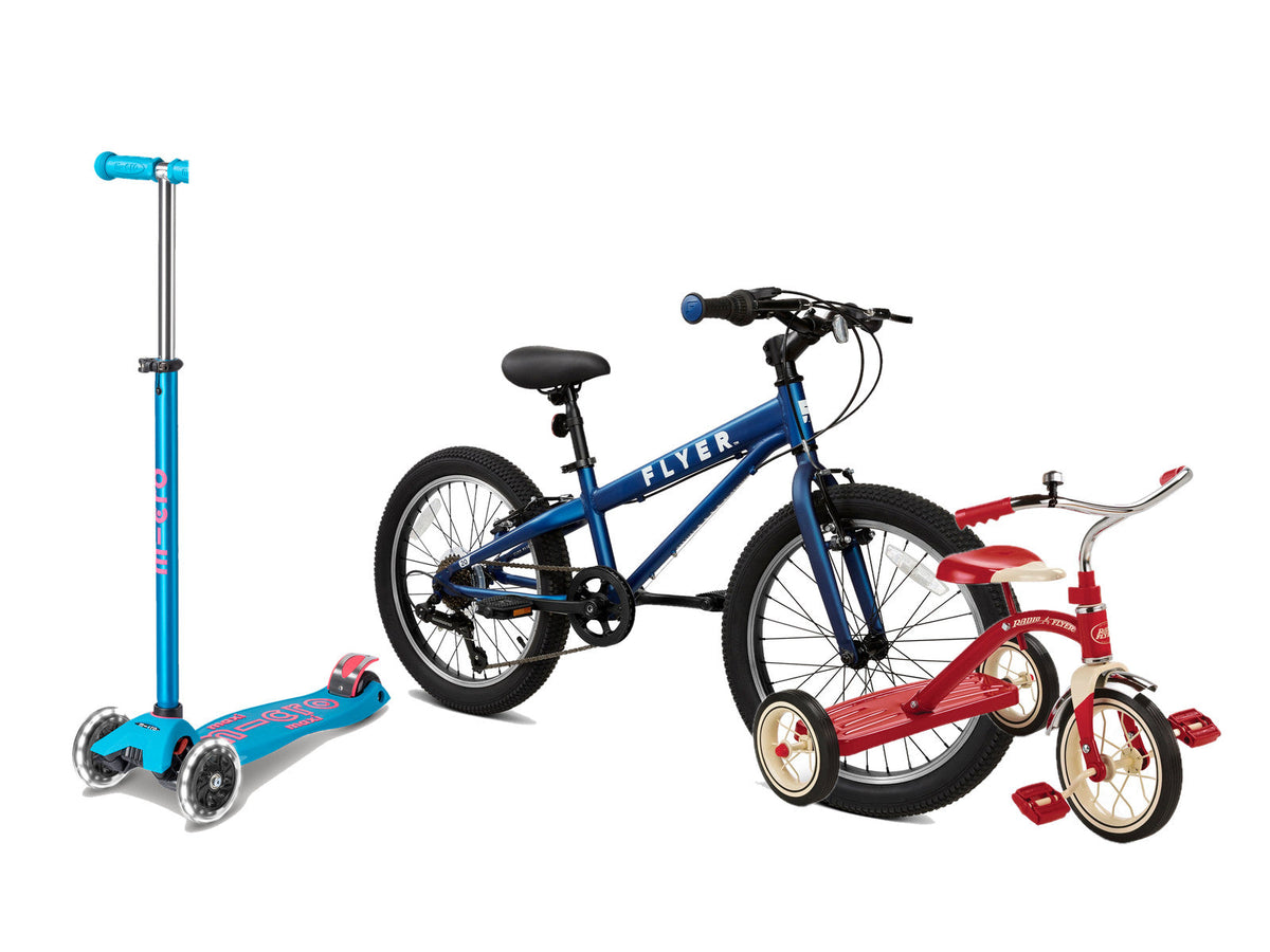 Micro Maxi LED scooter, Radio Flyer Flyer 20-inch kids bike and Radio Flyer Classic Red Tricycle on white