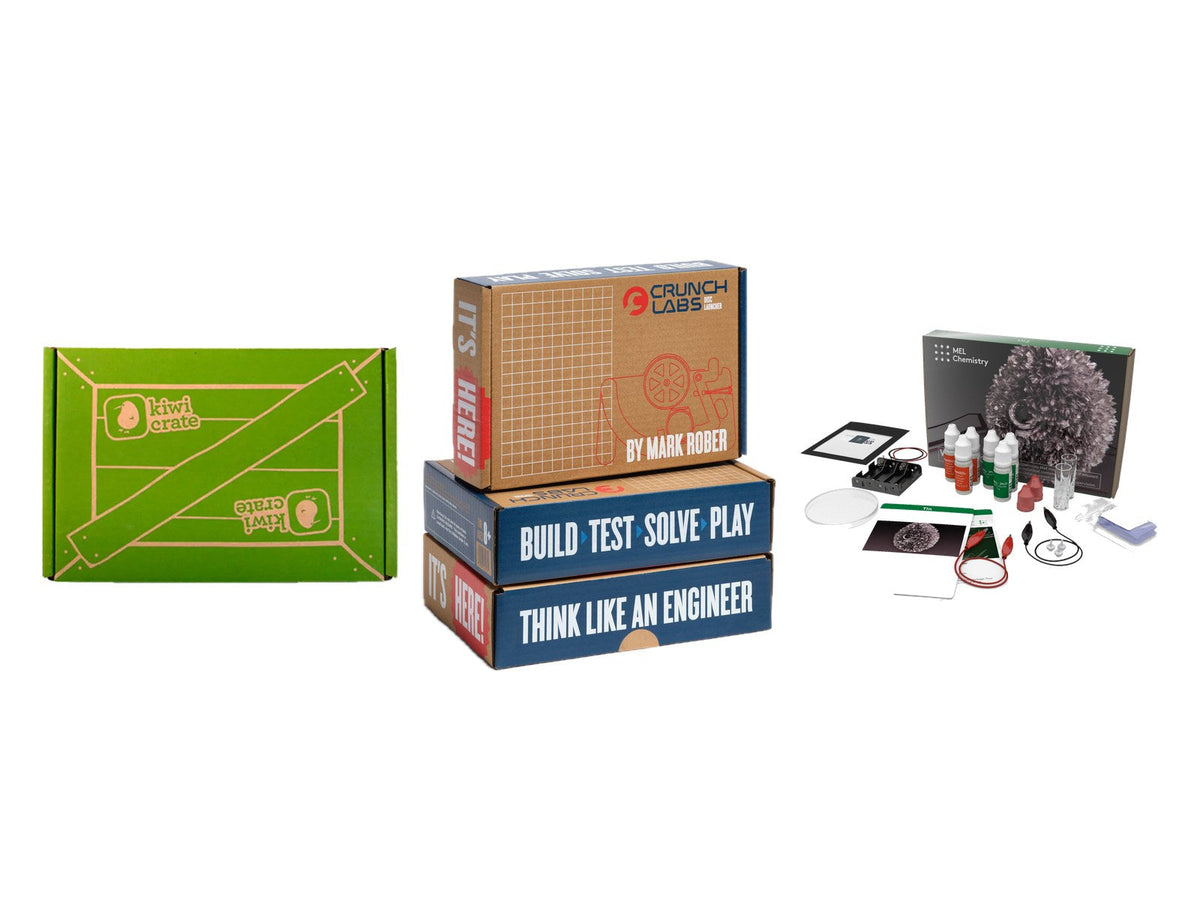 KiwiCo Kiwi Crate, CrunchLabs Build Box, and MEL Science chemistry set on white