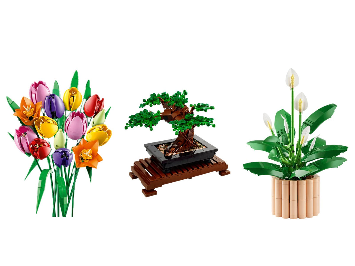 LEGO Botanicals Tulip Bouquet, Bonsai Tree and Peace Lily built sets on white