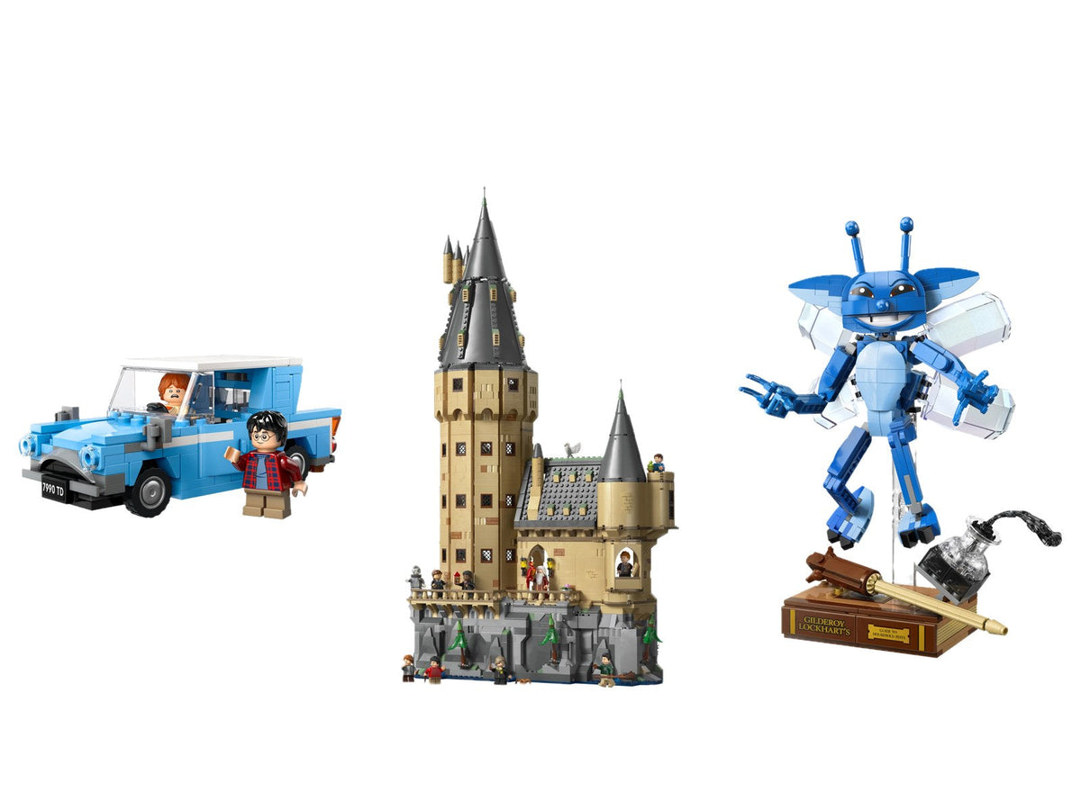LEGO Harry Potter Flying Ford Anglia, Hogwarts Main Tower and Cornish Pixie on white