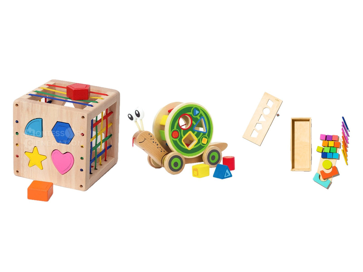 Wooden sorting cube, pull-along snail, and wooden block set on white