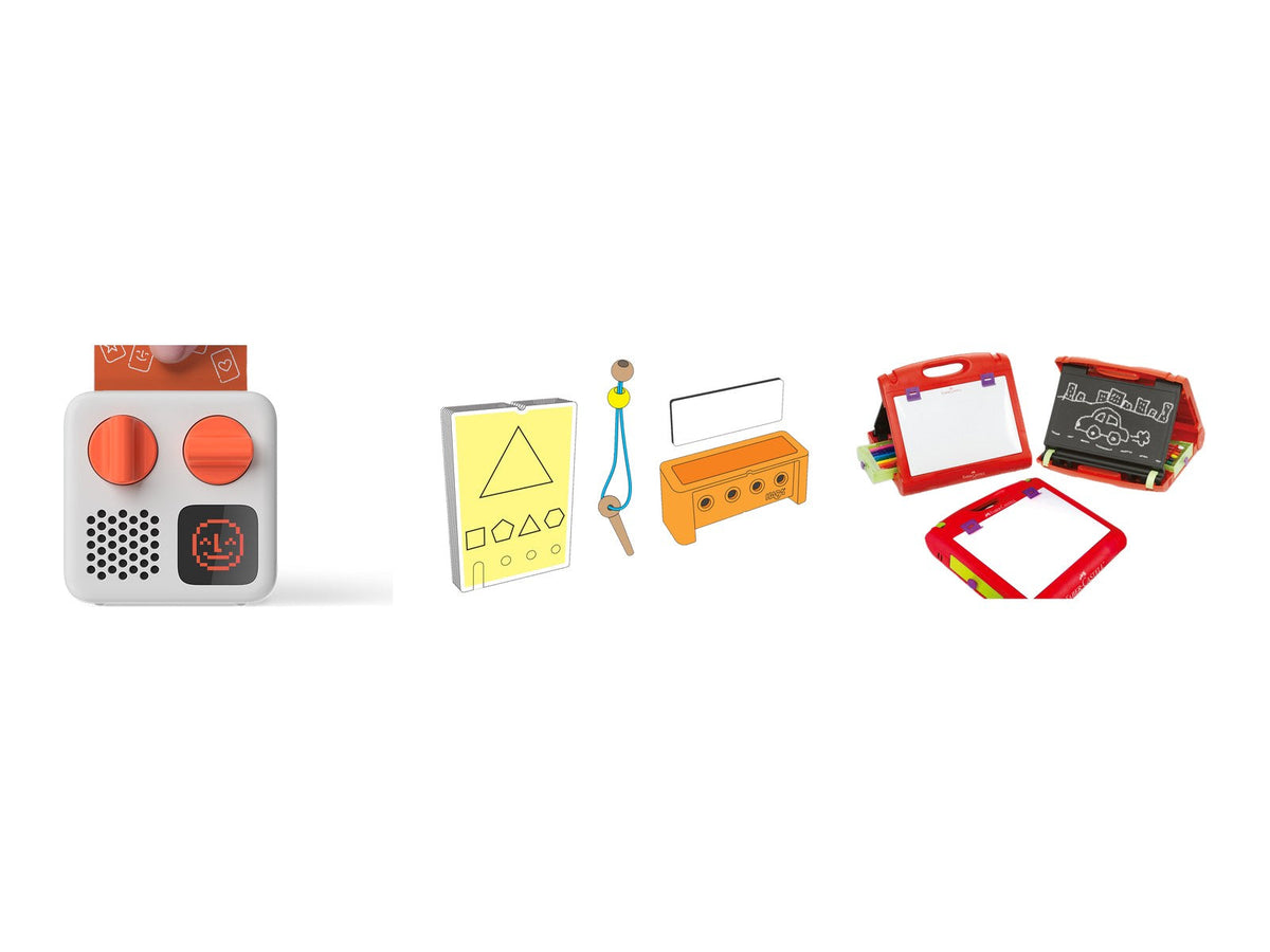 Yoto Mini audio player, HABA Logic! CASE puzzle and Faber-Castell travel easel on white
