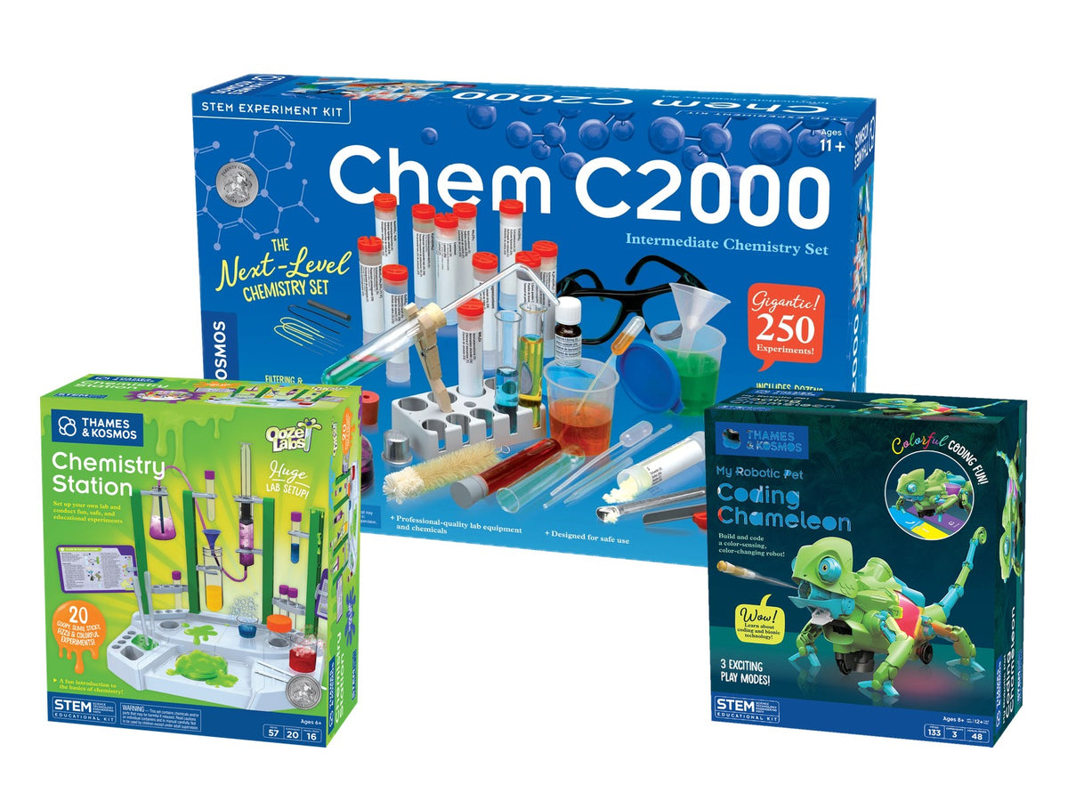 Thames & Kosmos Ooze Labs Chemistry Station, Chem C2000 and Coding Chameleon kit boxes on white