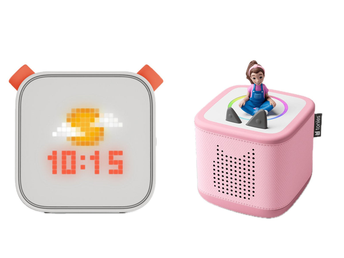 Yoto Player 3rd Generation and a pink Toniebox 2 with a Tonie figure on white