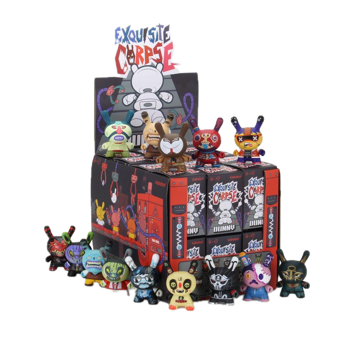 Kidrobot Exquisite Corpse Dunny Series Blind Box, display box and figures