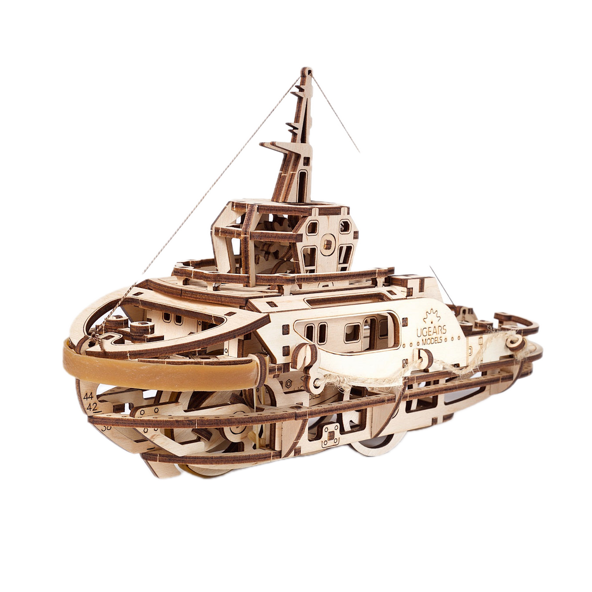 UGears Tugboat Mechanical Model Kit, front 3/4