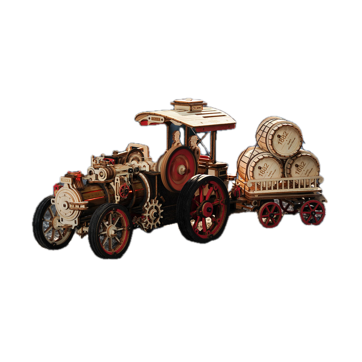 ROKR Steam Engine Mechanical 3D Wooden Puzzle LKA01, with trailer, front 3/4