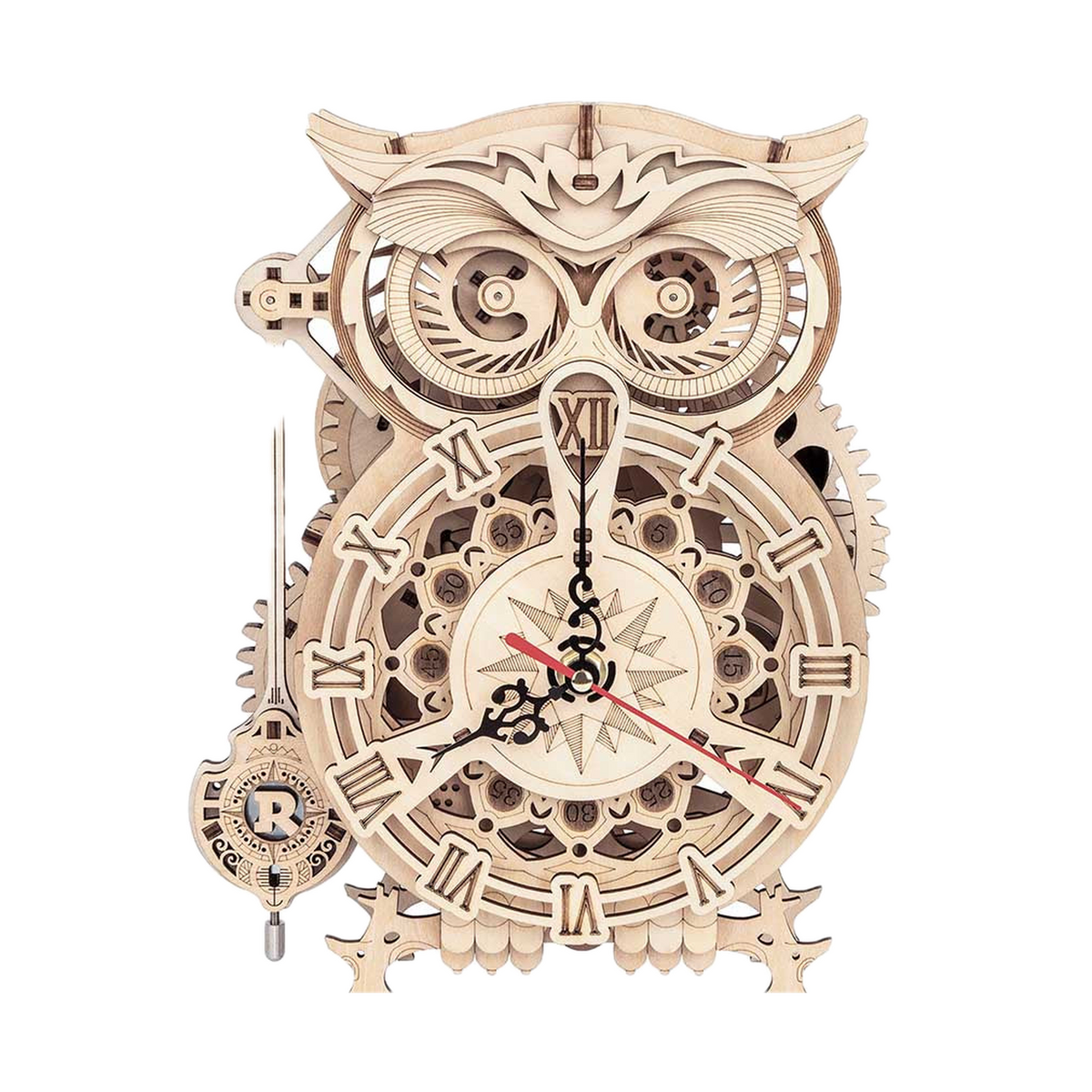 ROKR Owl Clock Mechanical Gears 3D Wooden Puzzle LK503, front 3/4