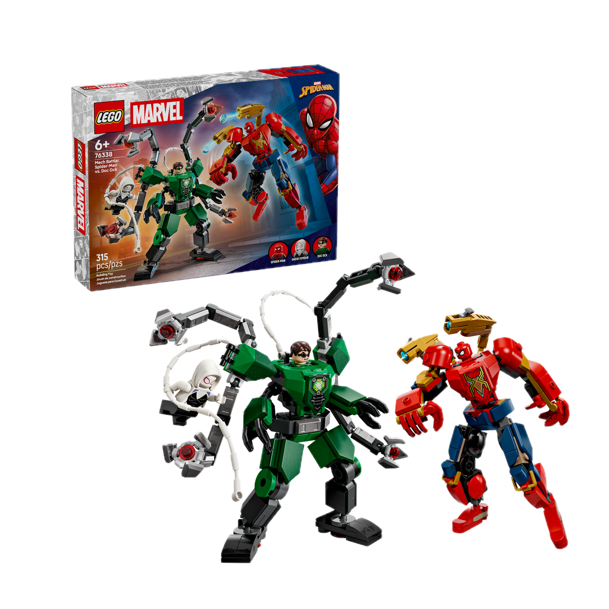 LEGO Marvel Mech Battle: Spider-Man vs. Doc Ock 76338, box and builds
