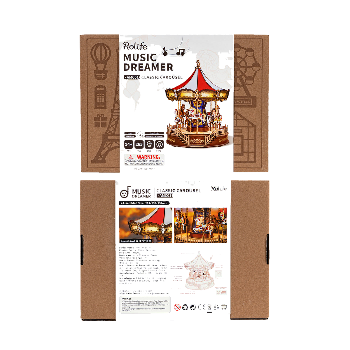 Rolife Classic Carousel 3D Wooden Puzzle AMC01, box front and back