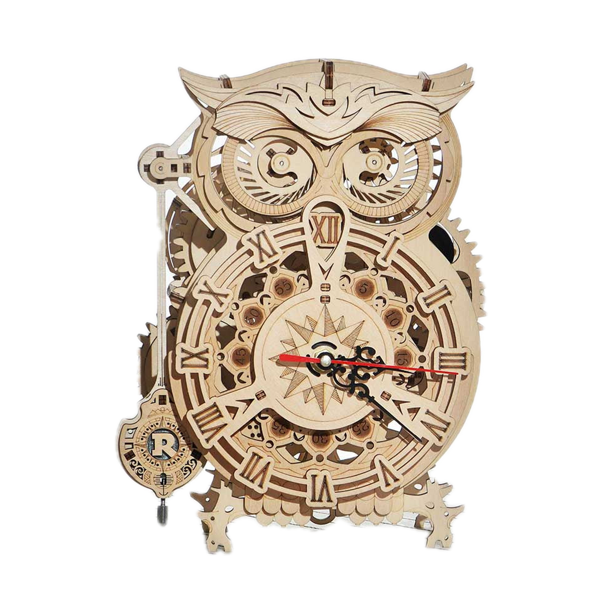ROKR Owl Clock Mechanical Gears 3D Wooden Puzzle LK503, on a table