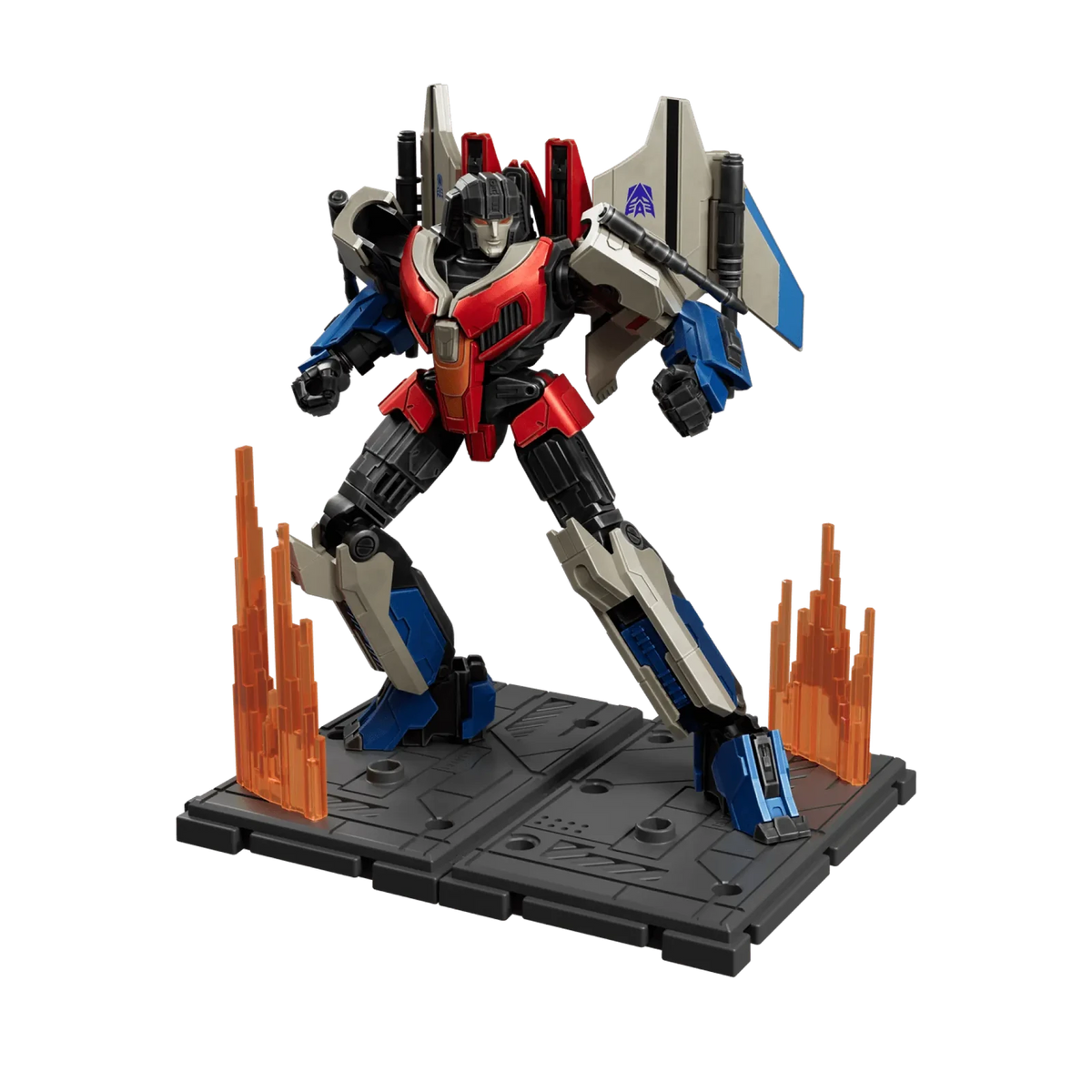 Blokees Transformers Classic Class 16 Starscream (Transformers One), on display stand with effects