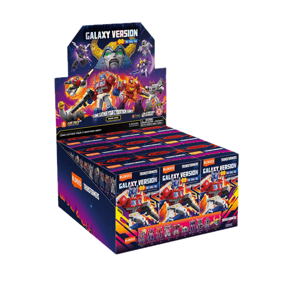 Blokees Transformers Galaxy Version 08 One Shall Fall, display case of boxes