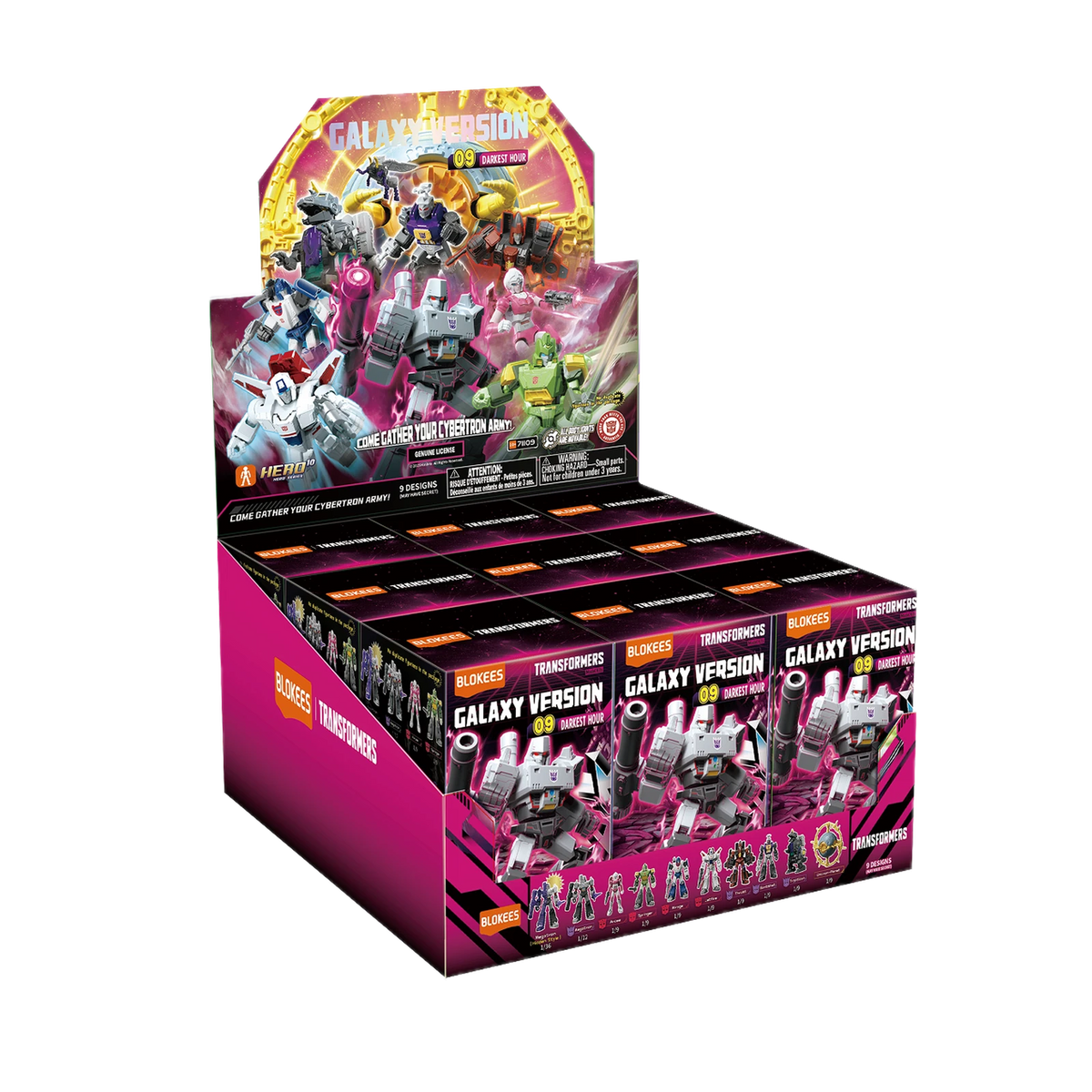 Blokees Transformers Galaxy Version 09 Darkest Hour, display case of boxes