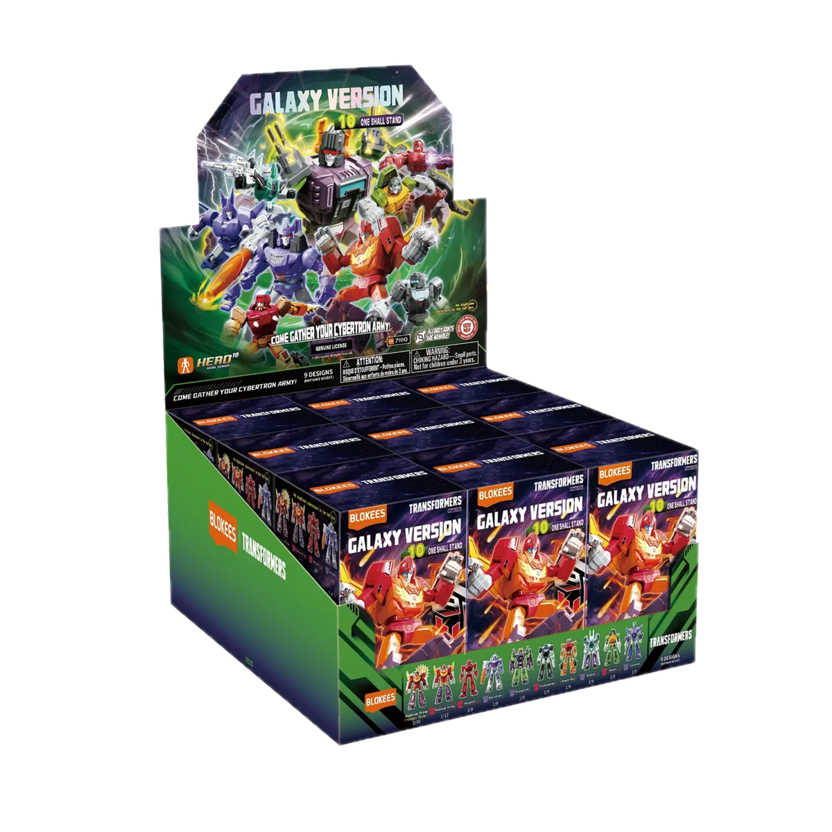 Blokees Transformers Galaxy Version 10 One Shall Stand, display case of boxes
