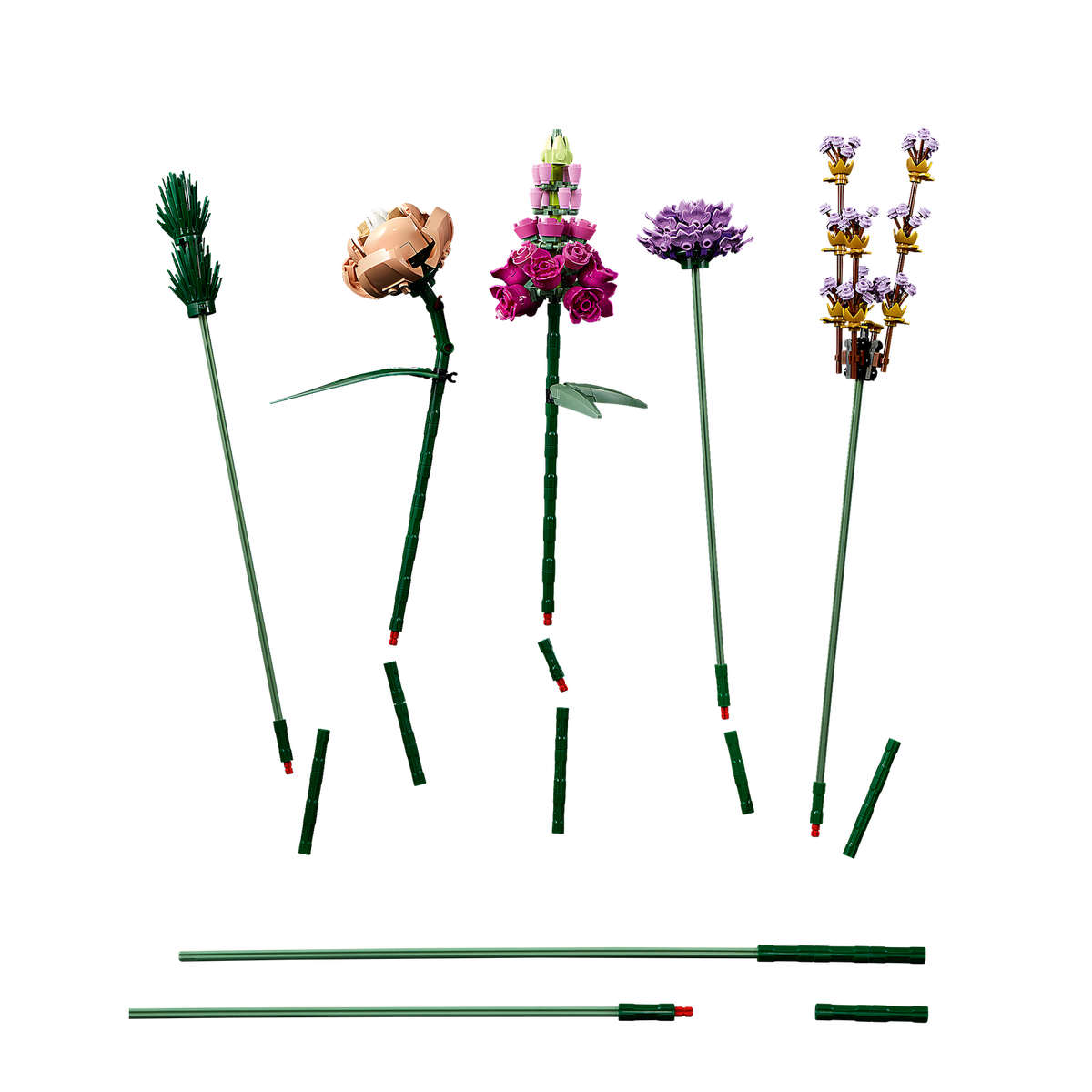 LEGO Flower Bouquet 10280, individual flower stems and stem pieces laid out
