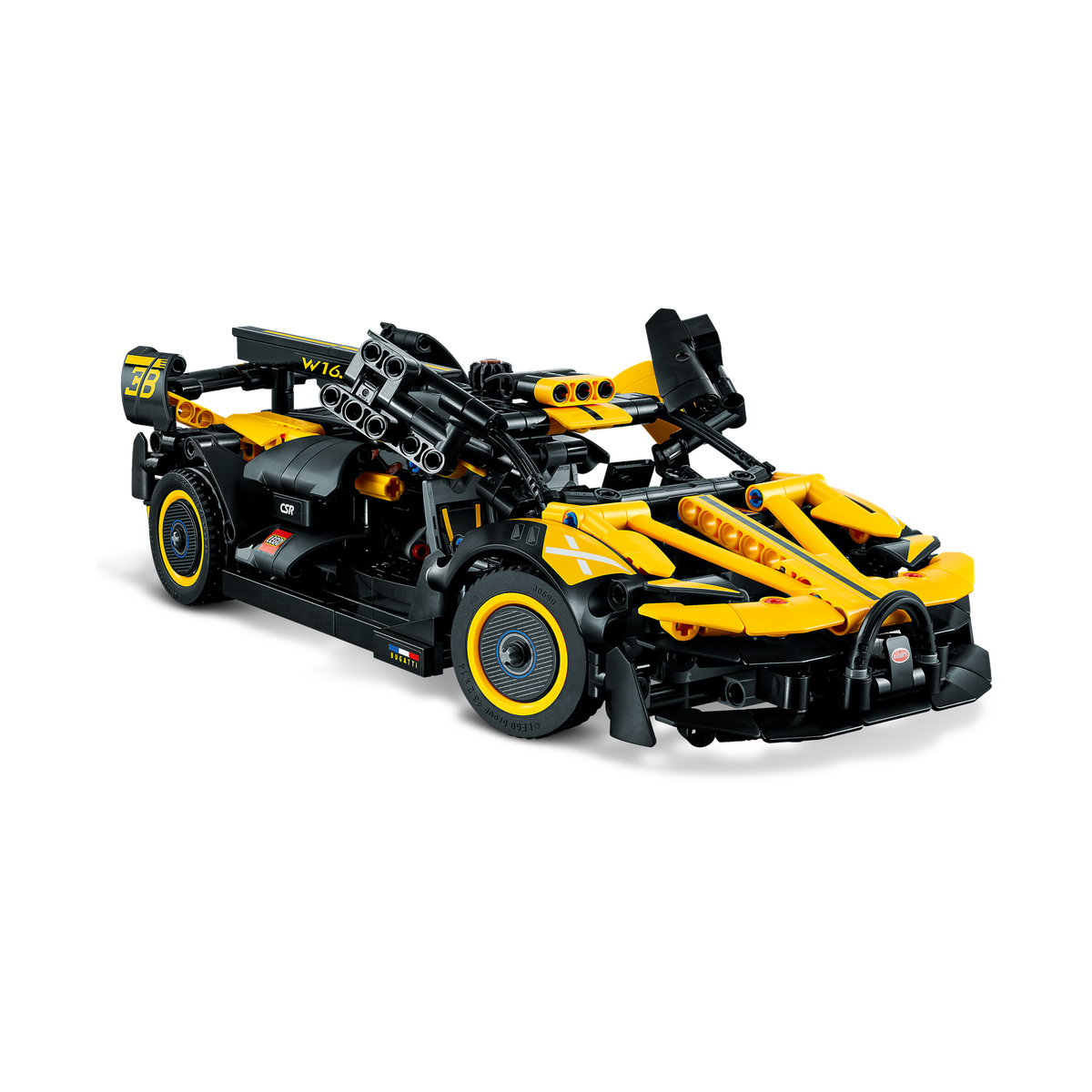 LEGO Technic Bugatti Bolide 42151, front three-quarter view from the right with the doors open