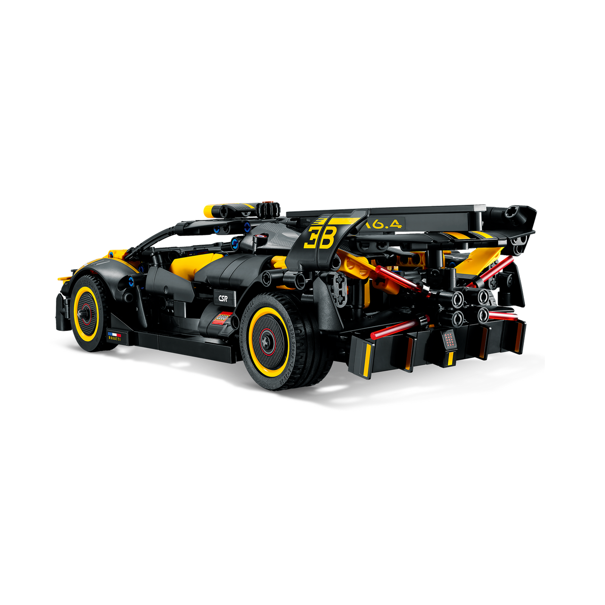 LEGO Technic Bugatti Bolide 42151, rear three-quarter view with the W16 engine and rear wing