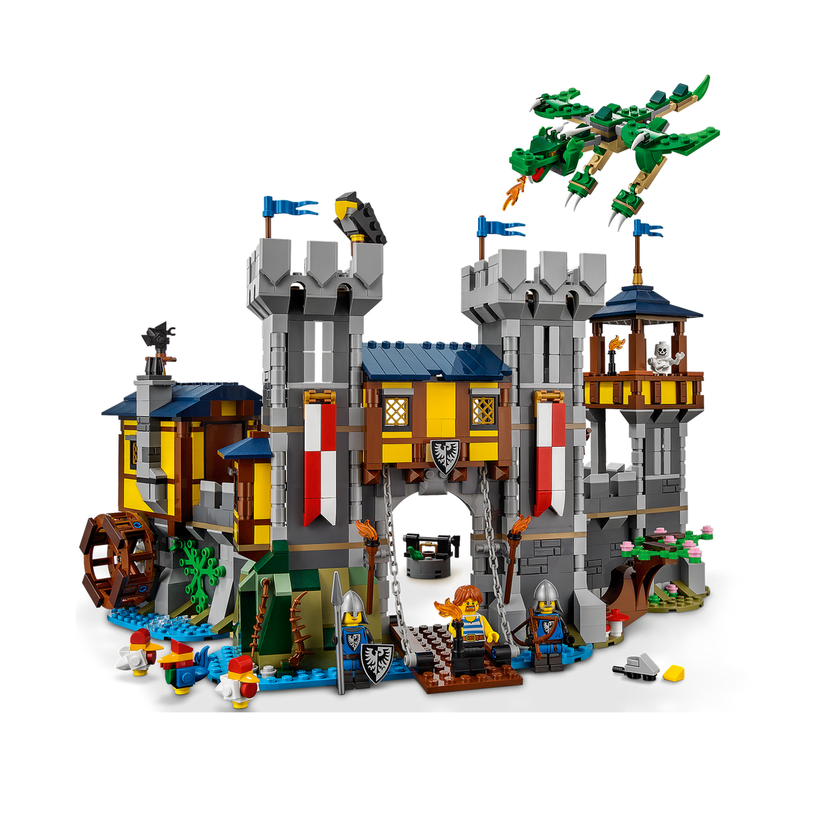LEGO Medieval Castle 31120, front view of the castle with the gate, towers and dragon