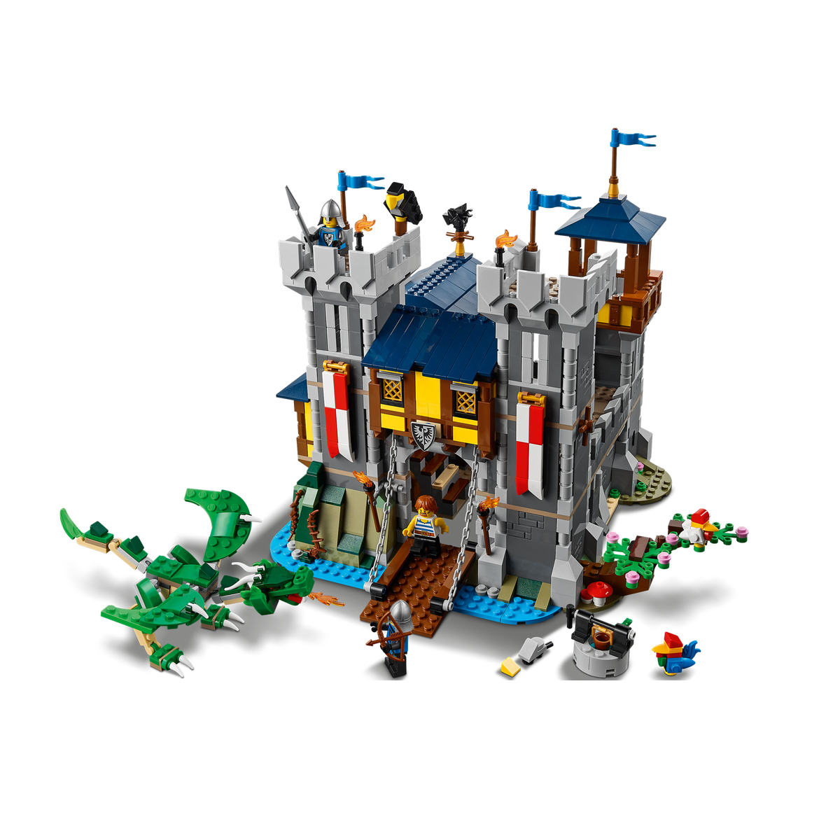 LEGO Medieval Castle 31120, castle seen from another angle with the drawbridge and dragon