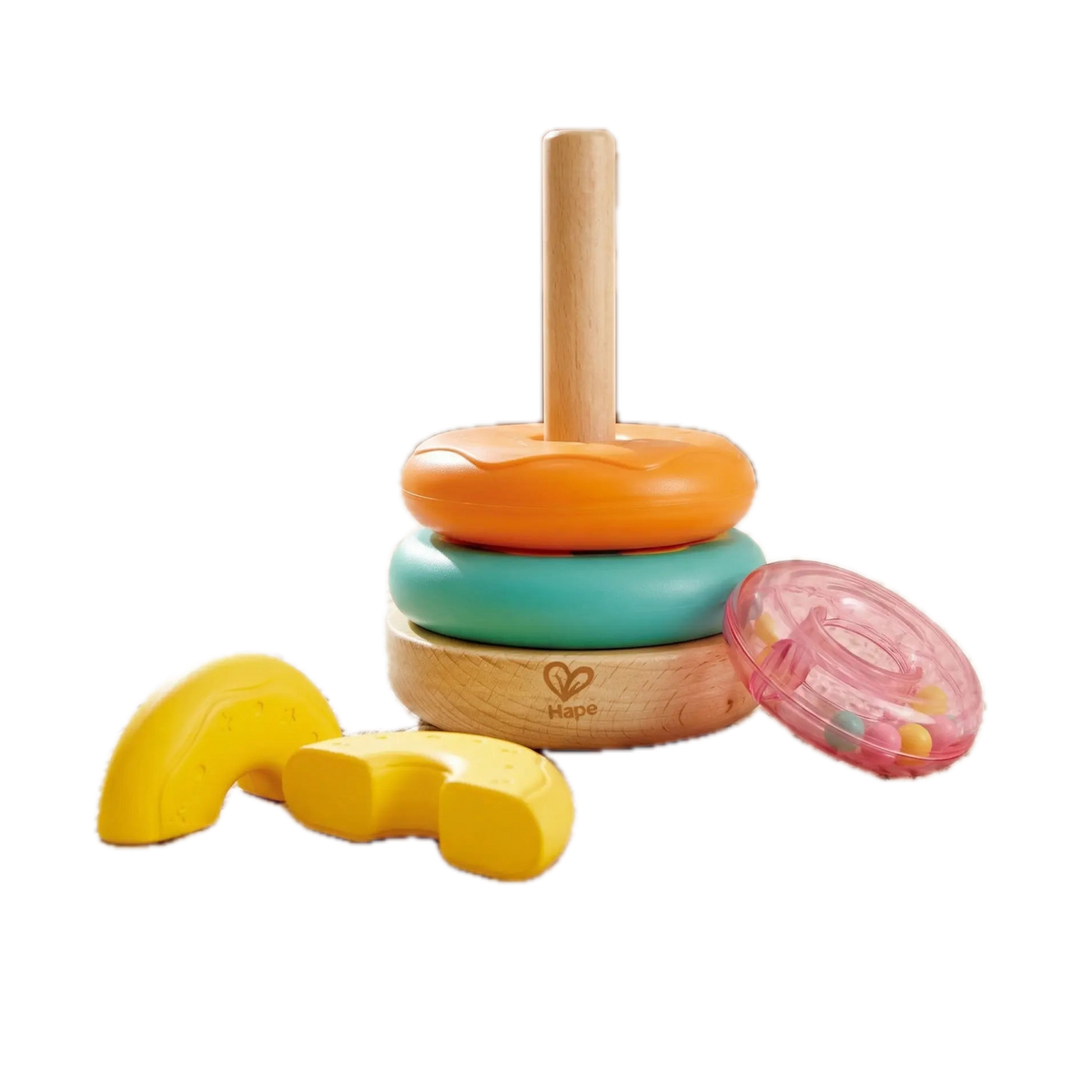 Hape Stacking Donut E0532, rings stacked on the base with the split yellow ring and rattle ring beside it