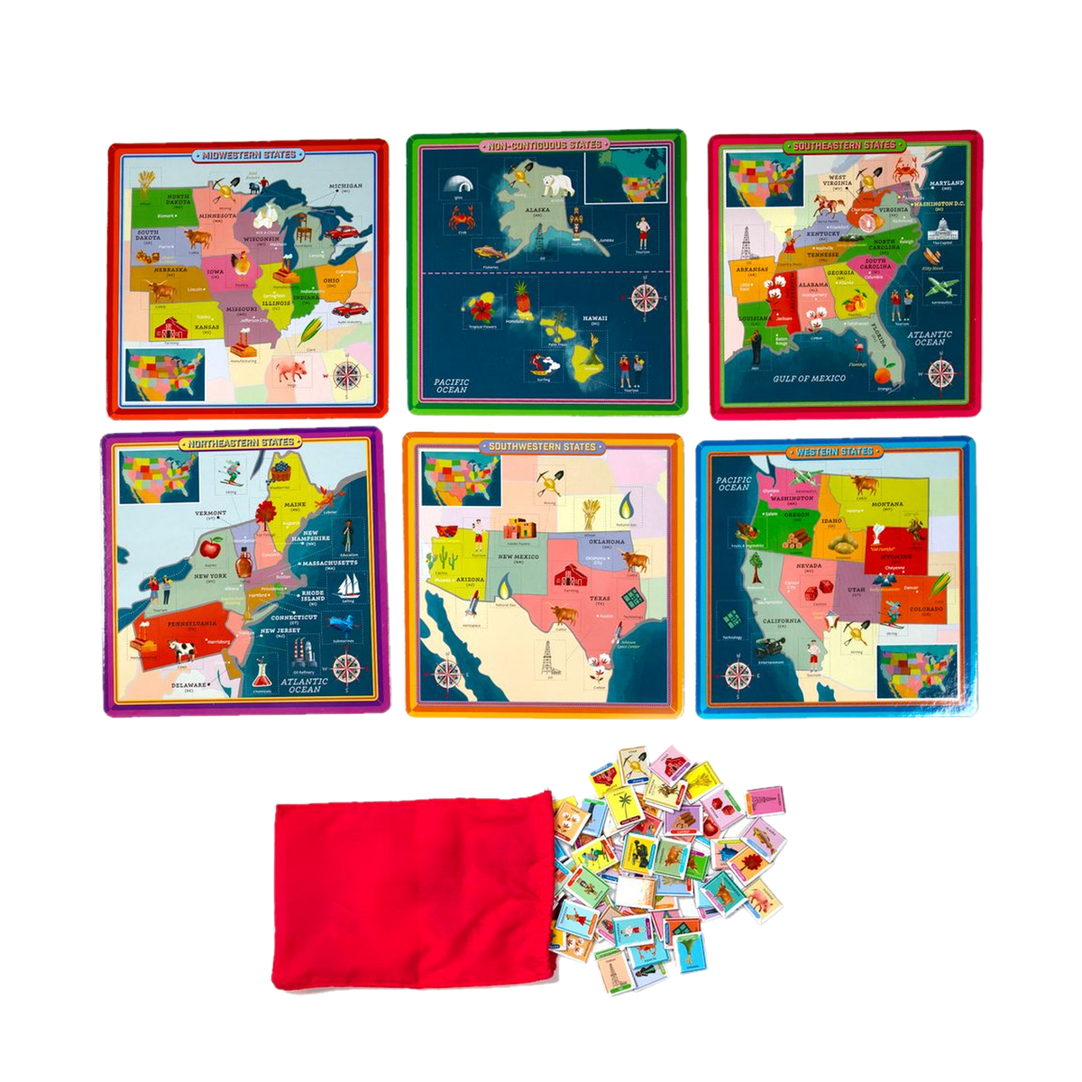 eeBoo USA Geography Bingo, bingo boards, bag and tiles