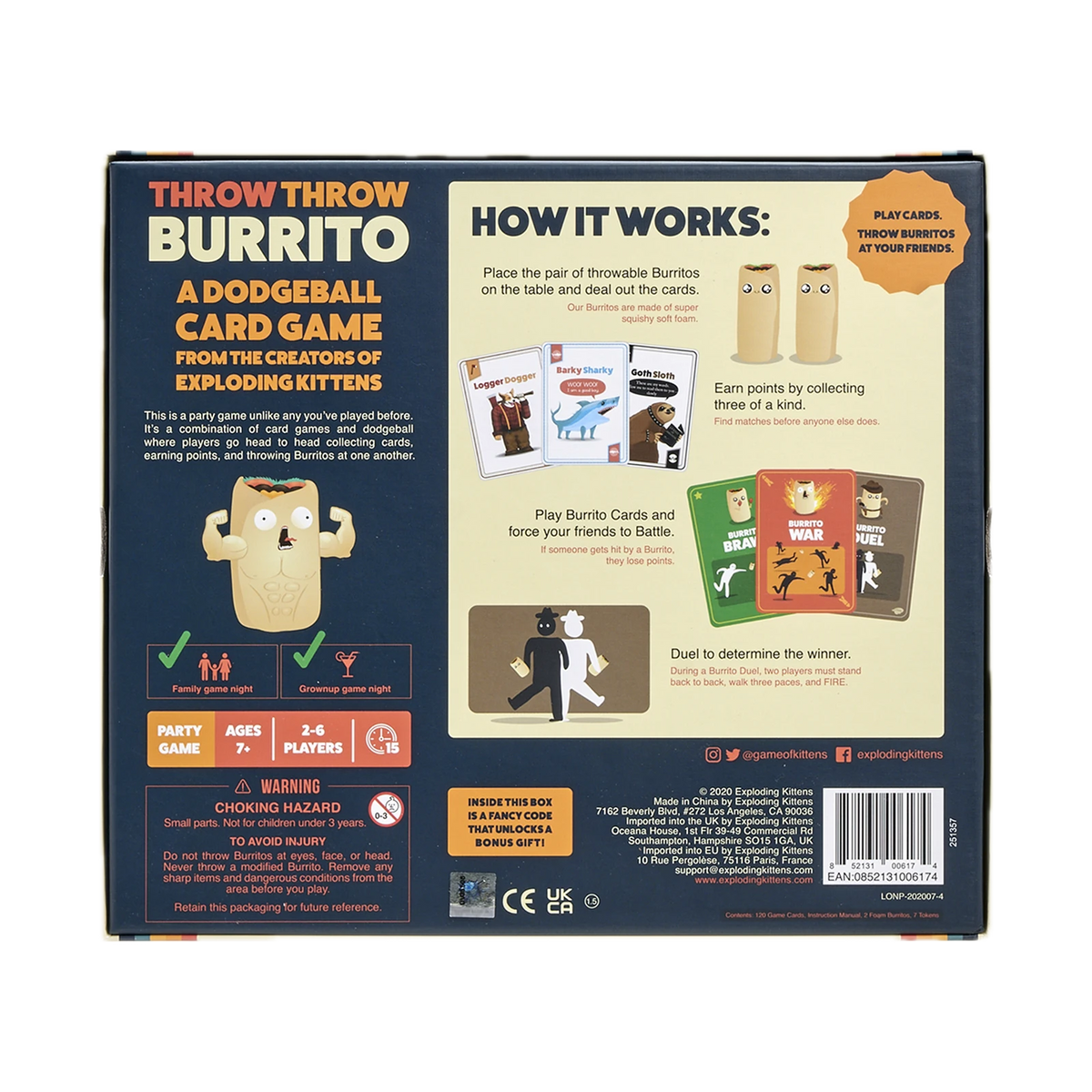 Exploding Kittens Throw Throw Burrito, box back