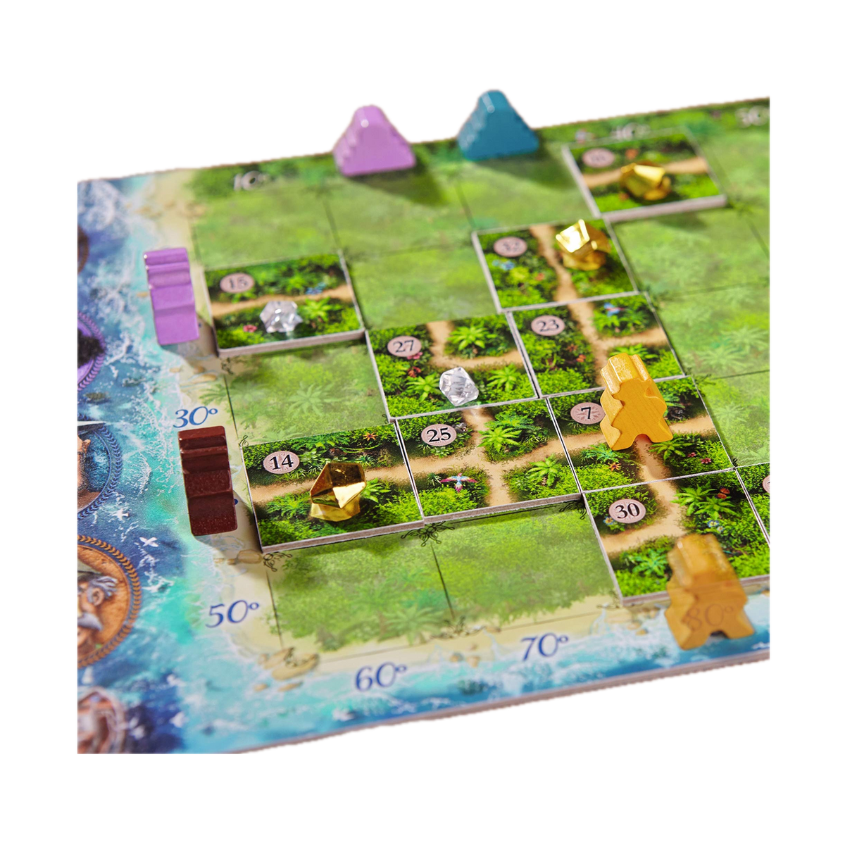 HABA Karuba Tile Laying Puzzle Game, island board with tiles and explorers