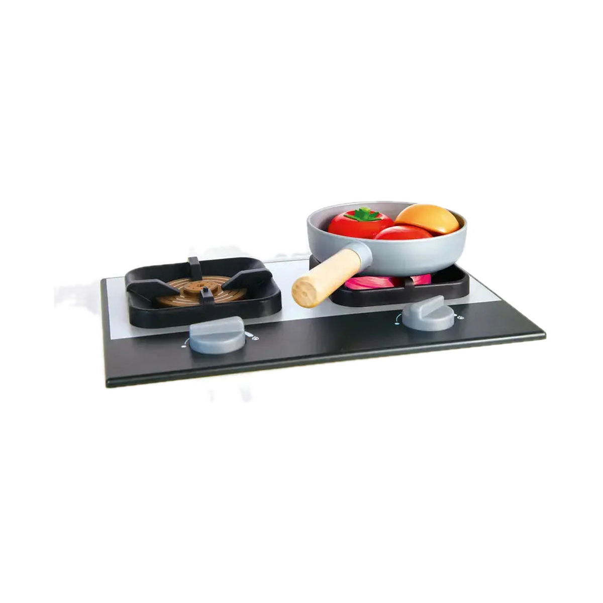 Hape Deluxe Kitchen with Running Water E3237, stove top with cookware