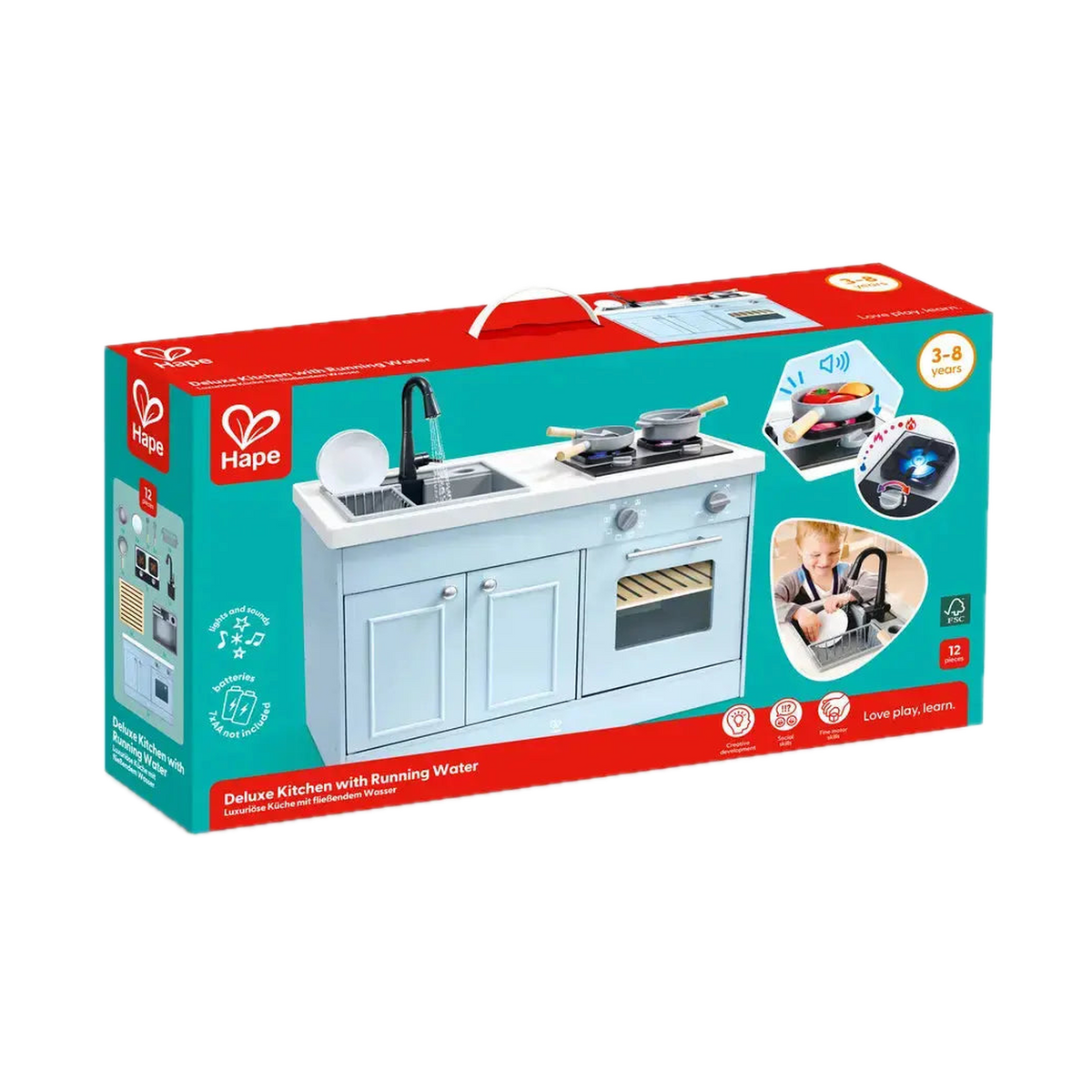 Hape Deluxe Kitchen with Running Water E3237, box