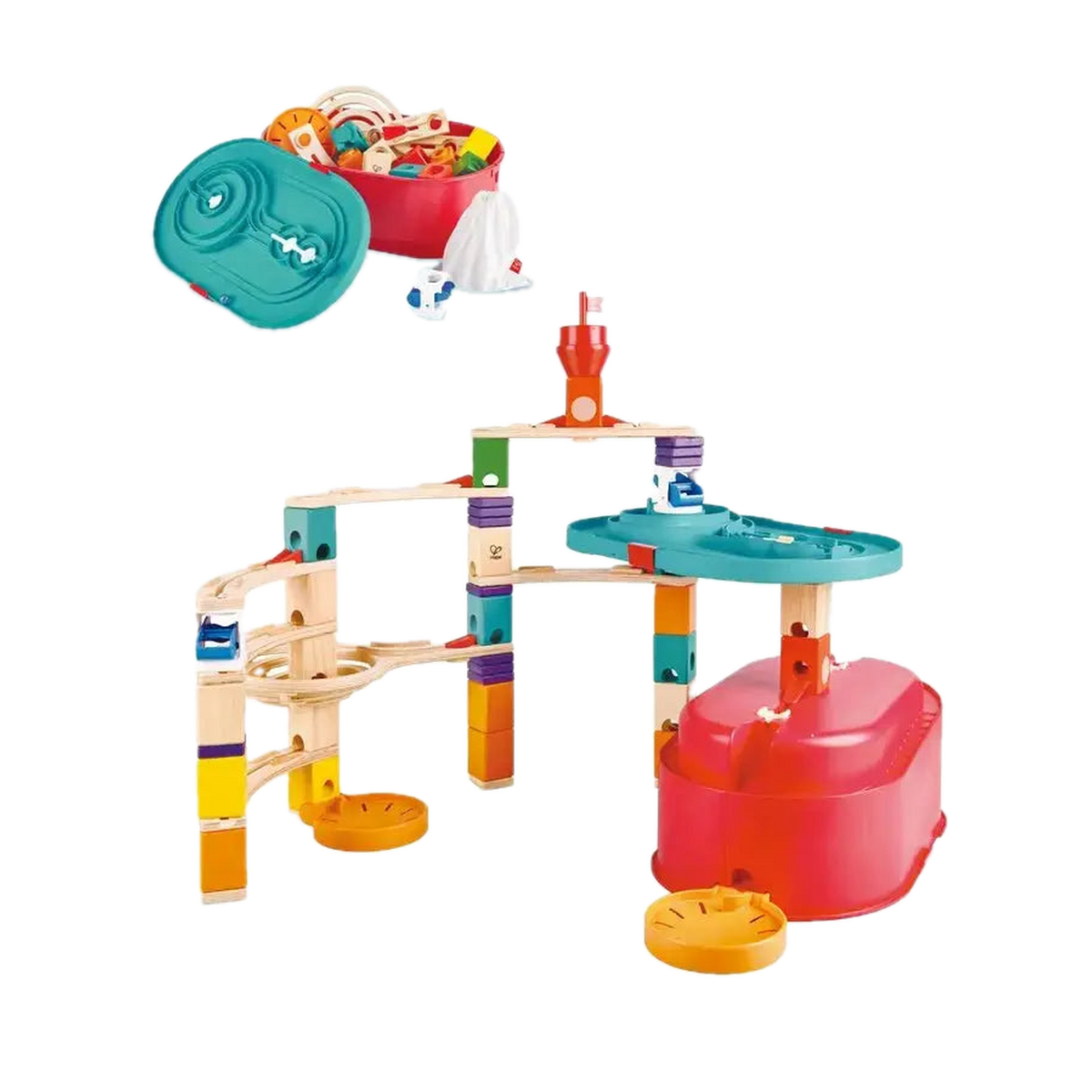 Hape Quadrilla Stack Track Bucket Set E6027, marble run built on the bucket