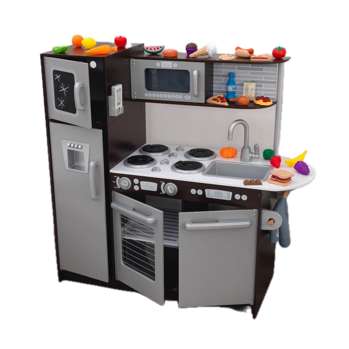 KidKraft Uptown Play Kitchen with 30 Piece Play Food 53388, kitchen with doors open