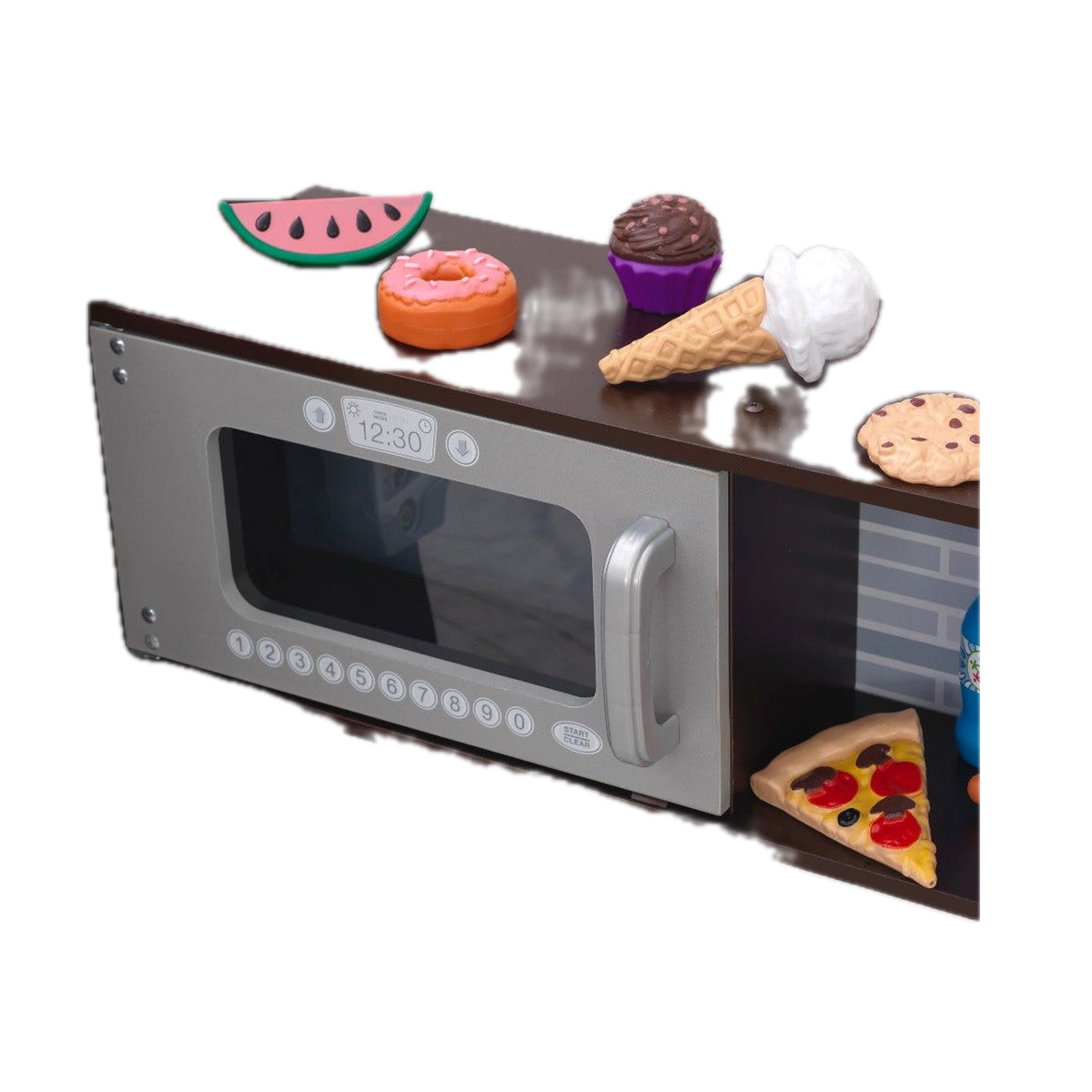 KidKraft Uptown Play Kitchen with 30 Piece Play Food 53388, microwave and shelf detail