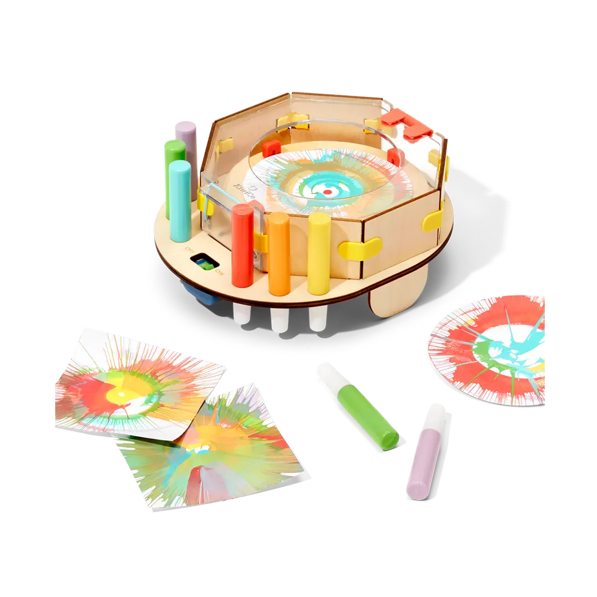 KiwiCo Kiwi Crate Motorized Spin Art project, finished spin art machine with paint pens and spin art prints