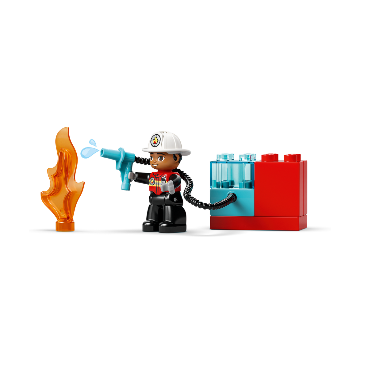 LEGO DUPLO Fire Truck with Hose and Firefighter 10473, firefighter spraying the hose at the log