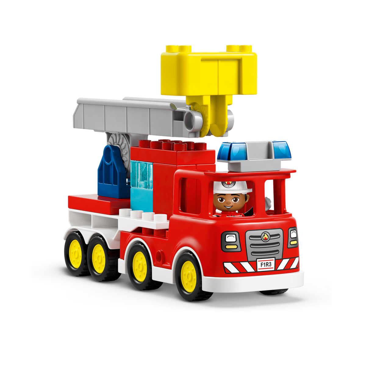 LEGO DUPLO Fire Truck with Hose and Firefighter 10473, fire truck from the front with ladder raised