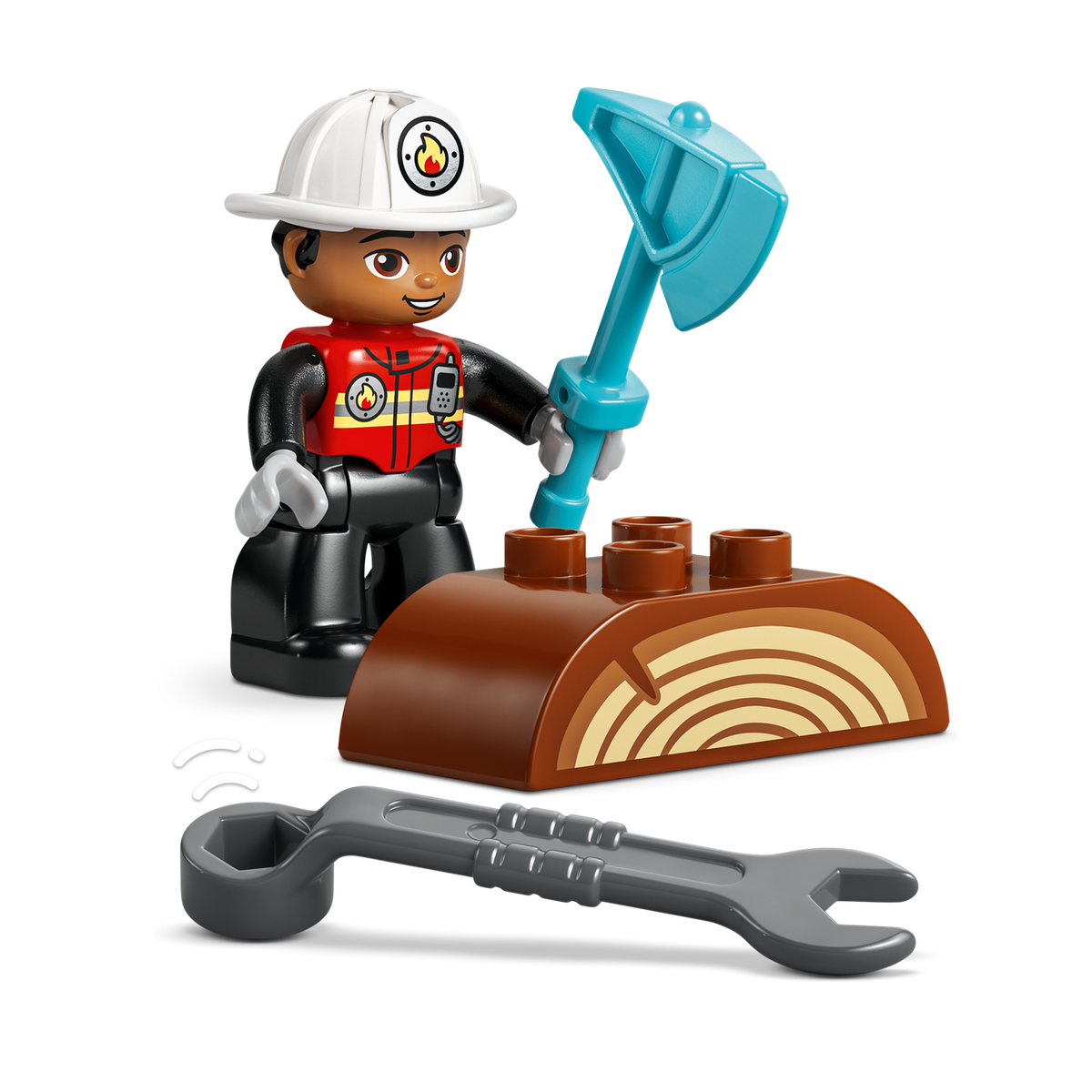 LEGO DUPLO Fire Truck with Hose and Firefighter 10473, firefighter figure with axe, wrench and log