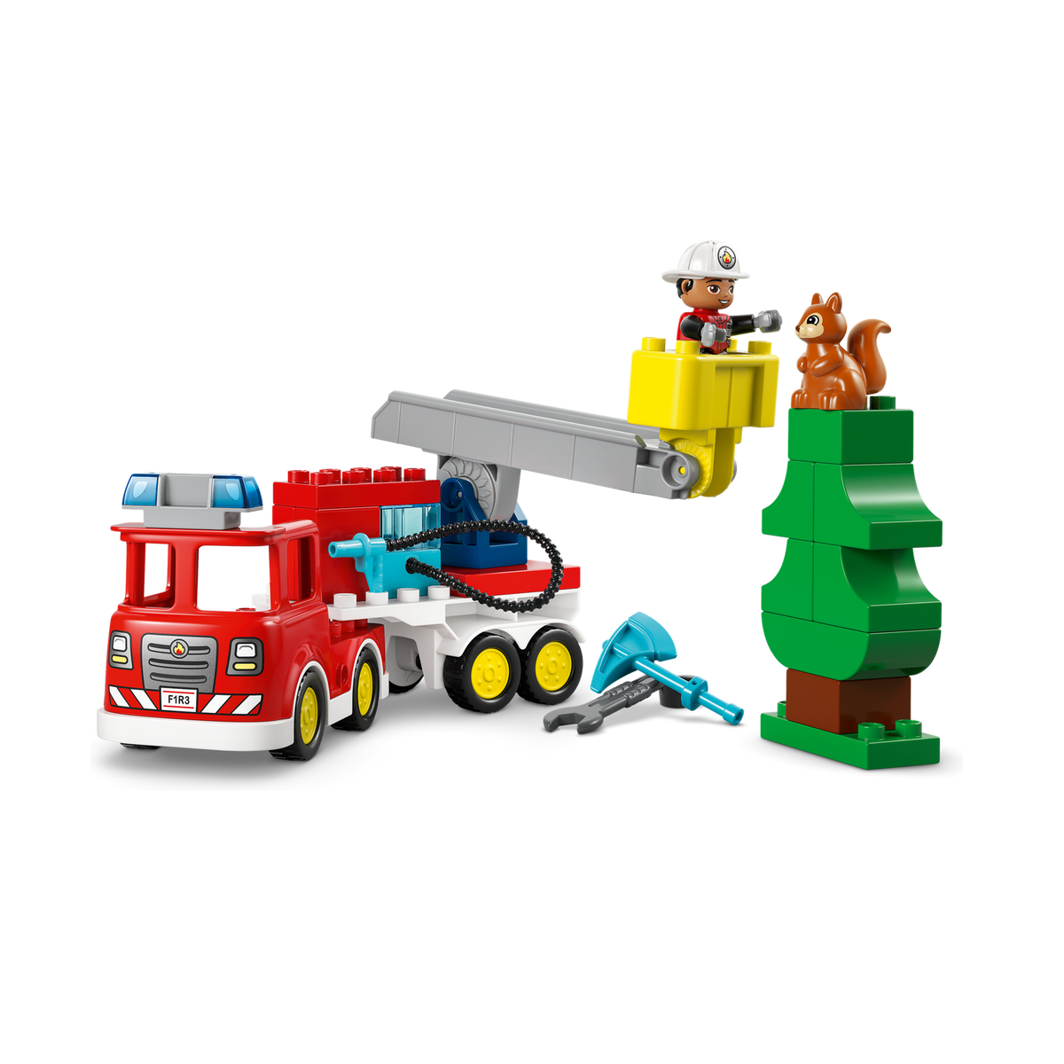 LEGO DUPLO Fire Truck with Hose and Firefighter 10473, fire truck with trailer and squirrel in the tree